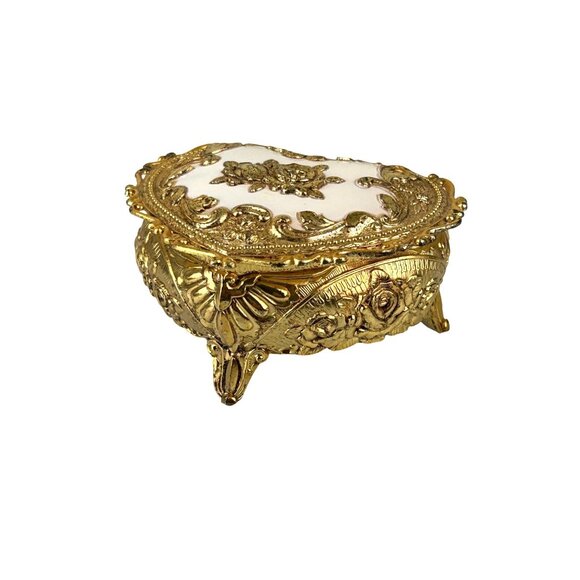 Gold & White Heart Metal Trinket Box Hinged Made in Japan Rose Floral VTG READ - Picture 2 of 16